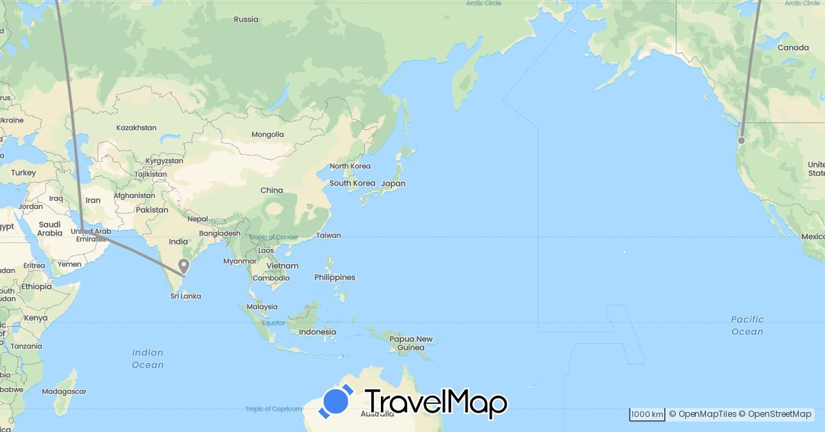 TravelMap itinerary: driving, plane in India, Qatar, United States (Asia, North America)